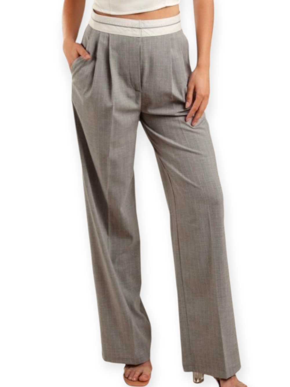 Chic Gray Pinstripe Wide Leg Pleated Trousers Workwear Tailored Preppy Office L